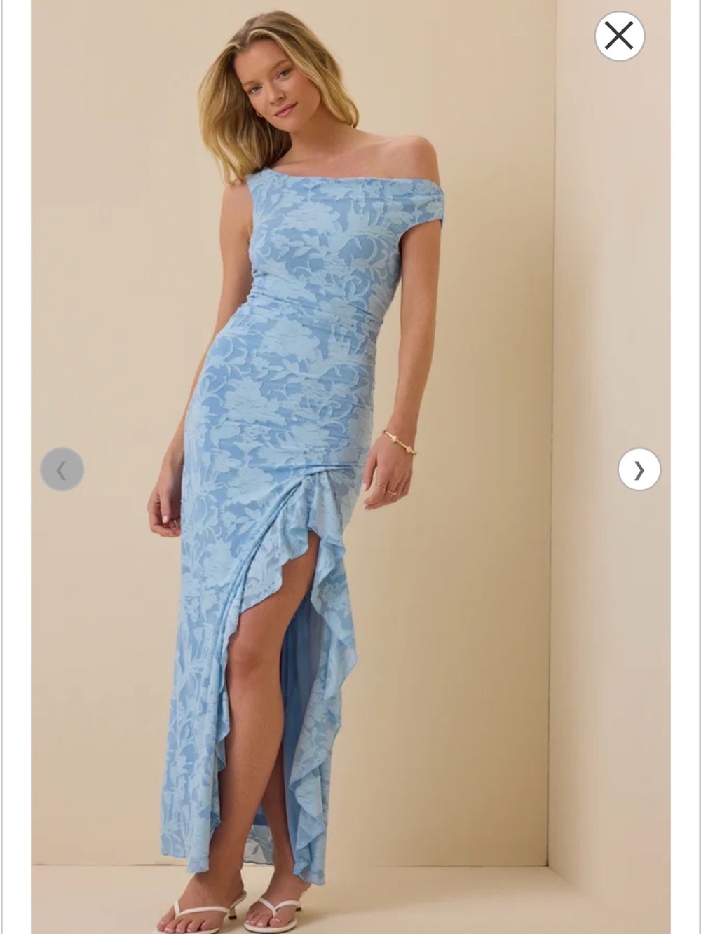 Altar'd State Sky Blue One-Shoulder Floral Jacquard Maxi Dress